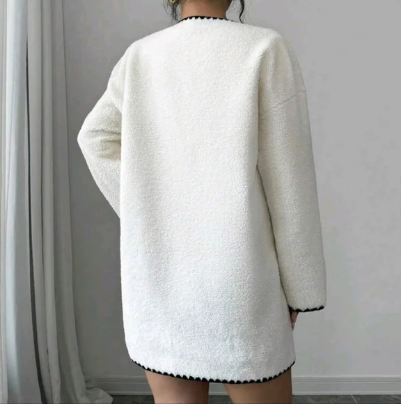 Women's Elegant Solid Color Contrast Trim V-Neck Jacket - Picture 4 of 4